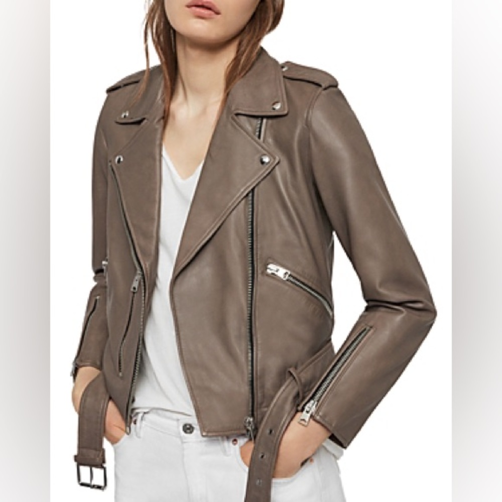 ALLSAINTS Balfern Leather Biker Jacket - Color Stone - Size 6 - Gently Worn